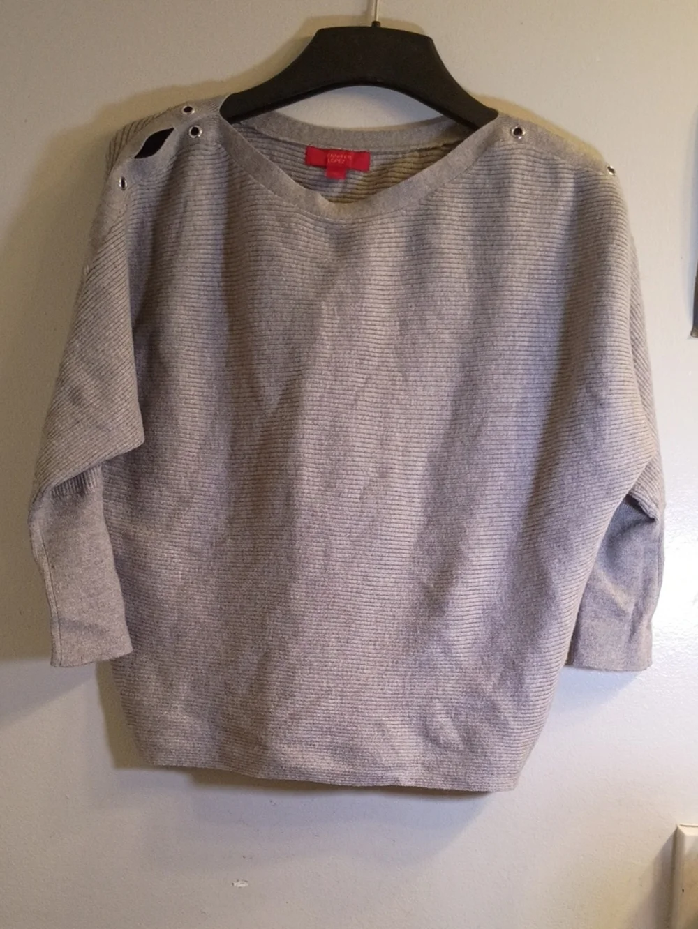 Jennifer Lopez Light Grey Ribbed Crewneck Sweater with Shoulder Grommets